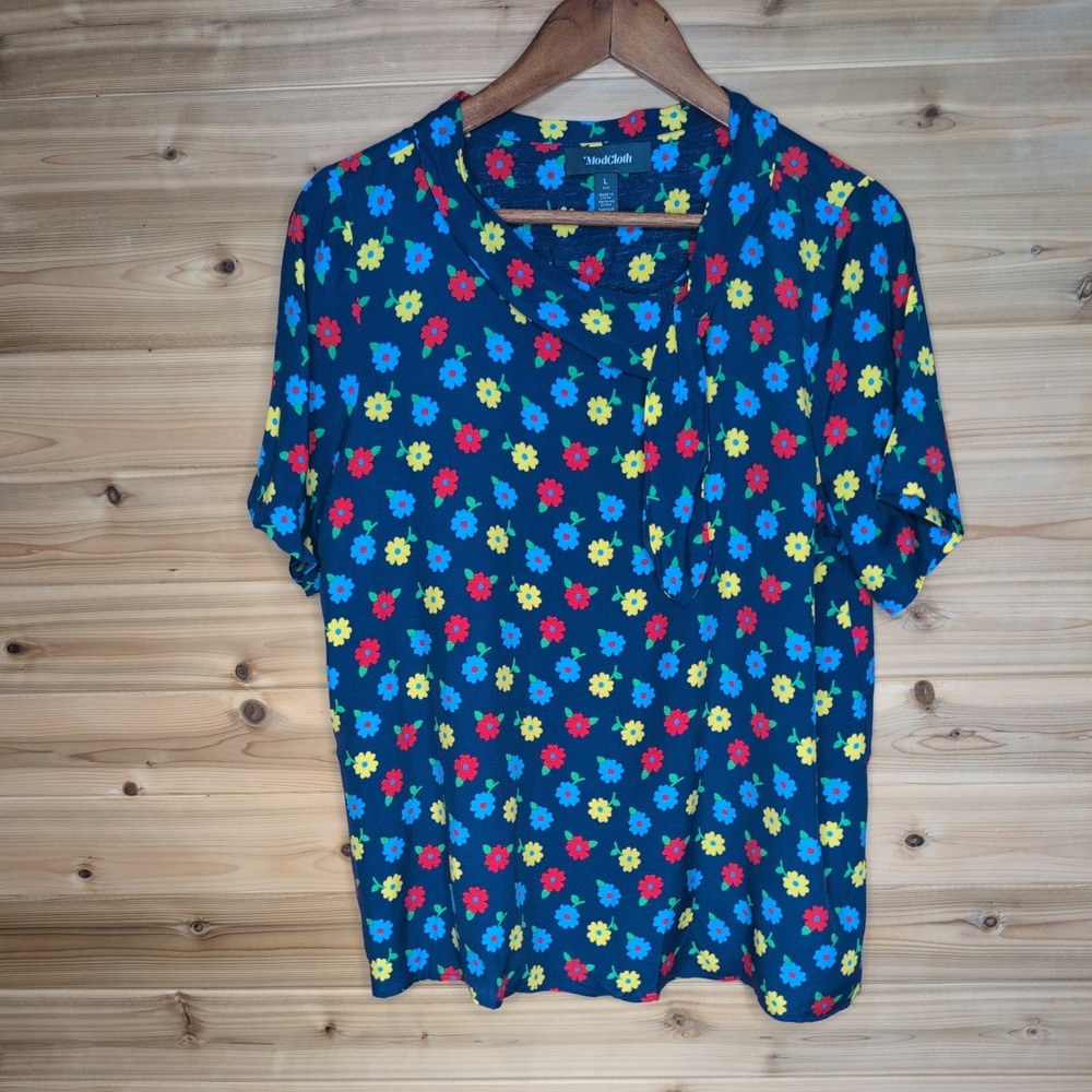 ModCloth Womens Navy Blue Floral Tie Neck Short Sleeve Blouse‎ Large